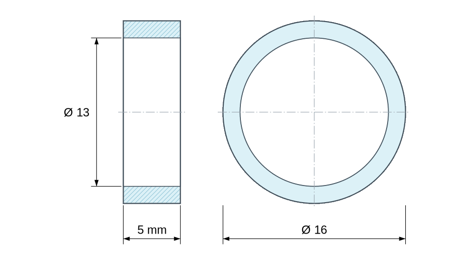 Plan coté Entretoise lisse acier inoxydable Ø13x16mm pour vis M12 Plan coté Entretoise lisse acier inoxydable Ø13x16mm pour vis M12