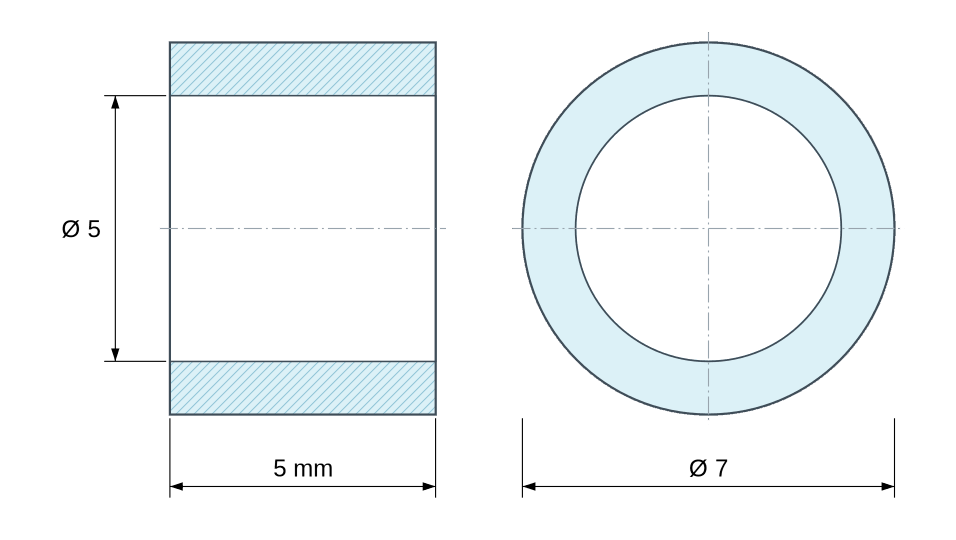 Plan coté Entretoise lisse aluminium Ø5x7mm pour vis M5