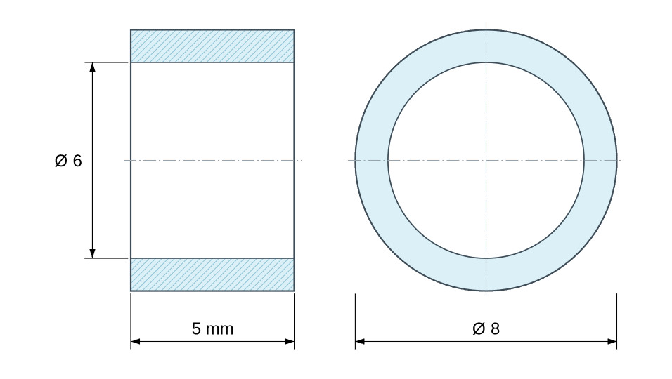 Plan coté Entretoise lisse aluminium Ø6x8mm pour vis M6