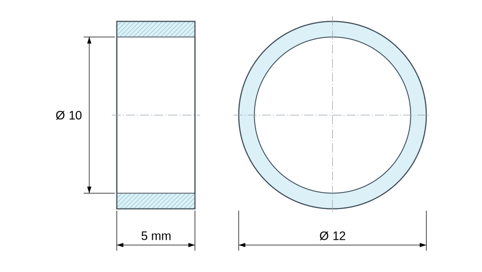 Plan coté Entretoise lisse aluminium Ø10x12mm pour vis M10