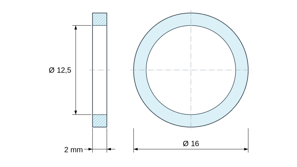 Plan coté Entretoise lisse plastique polyamide PA6 renforcé fibre de verre Ø12,5x16mm pour vis M12