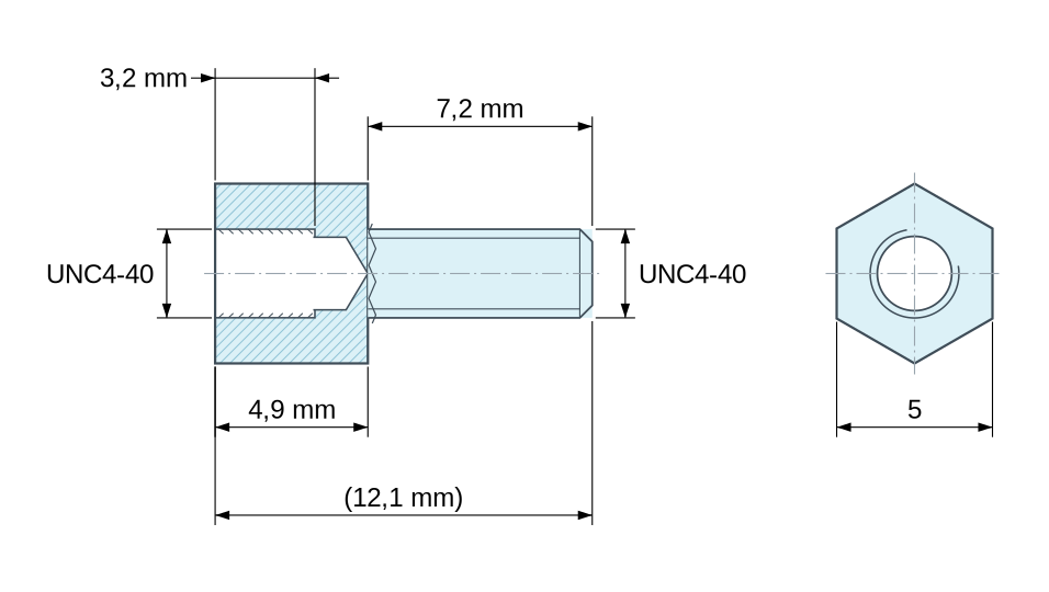 Plan coté Entretoise hexagonale filetée mâle/femelle acier nickelé UNC4-40 - 5 mm sur plats Plan coté Entretoise hexagonale filetée mâle/femelle acier nickelé UNC4-40 - 5 mm sur plats