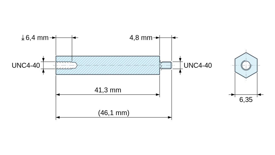 Plan coté Entretoise hexagonale filetée mâle/femelle acier nickelé UNC4-40 - 6,35 mm sur plats