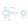 Plan coté 5 mm / 6 mm, Entretoise hexagonale filetée autotaraudeuse acier zingué M3 / ST2,9 - 5,5 mm sur plats