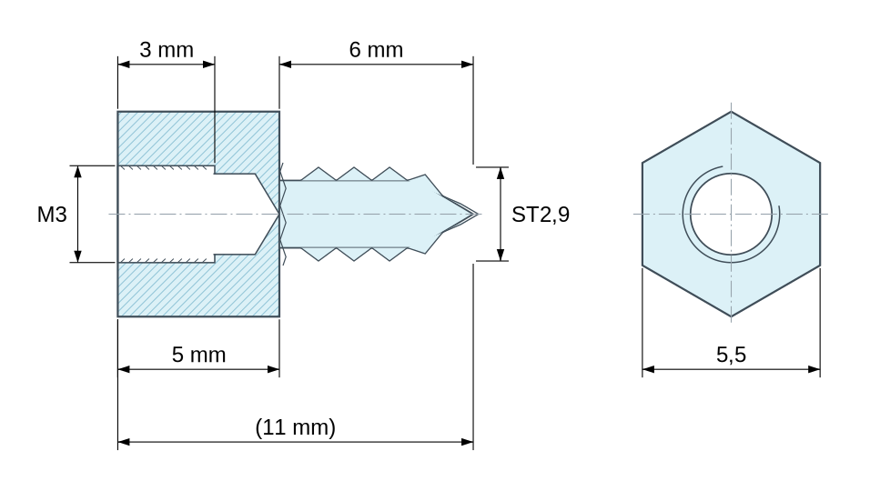 Plan coté Entretoise hexagonale filetée autotaraudeuse acier zingué M3 / ST2,9 - 5,5 mm sur plats