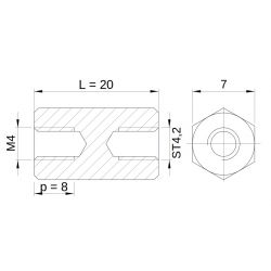 [decl 20mm / 8 mm] Entretoise hexagonale filetée autotaraudeuse acier zingué M4 - 7 mm sur plats