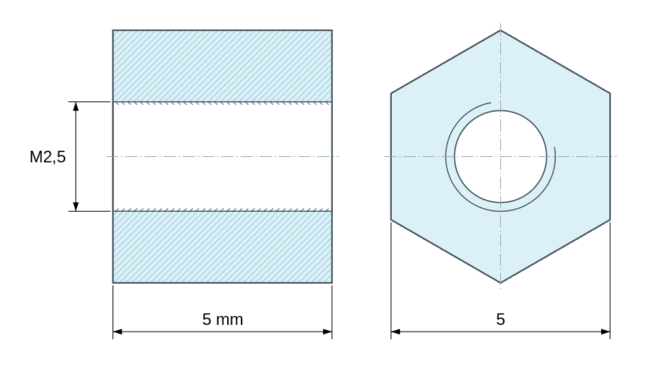 Plan coté Entretoise hexagonale filetée femelle/femelle acier zingué bleu M2,5 - 5 mm sur plats Plan coté Entretoise hexagonale filetée femelle/femelle acier zingué bleu M2,5 - 5 mm sur plats