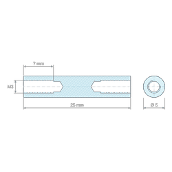 Plan coté 25 mm, Entretoise ronde filetée femelle/femelle acier zingué M3 - Ø5 mm