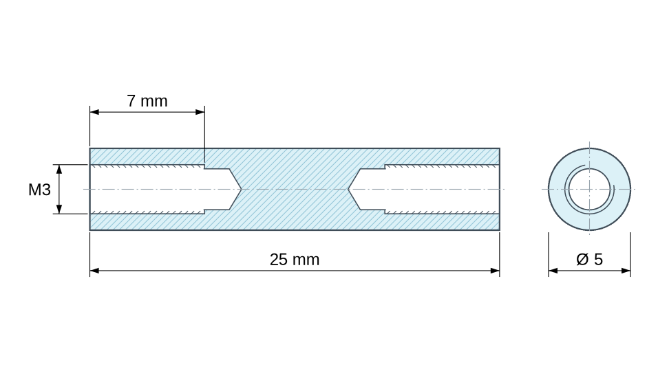 Plan coté Entretoise ronde filetée femelle/femelle acier zingué M3 - Ø5 mm