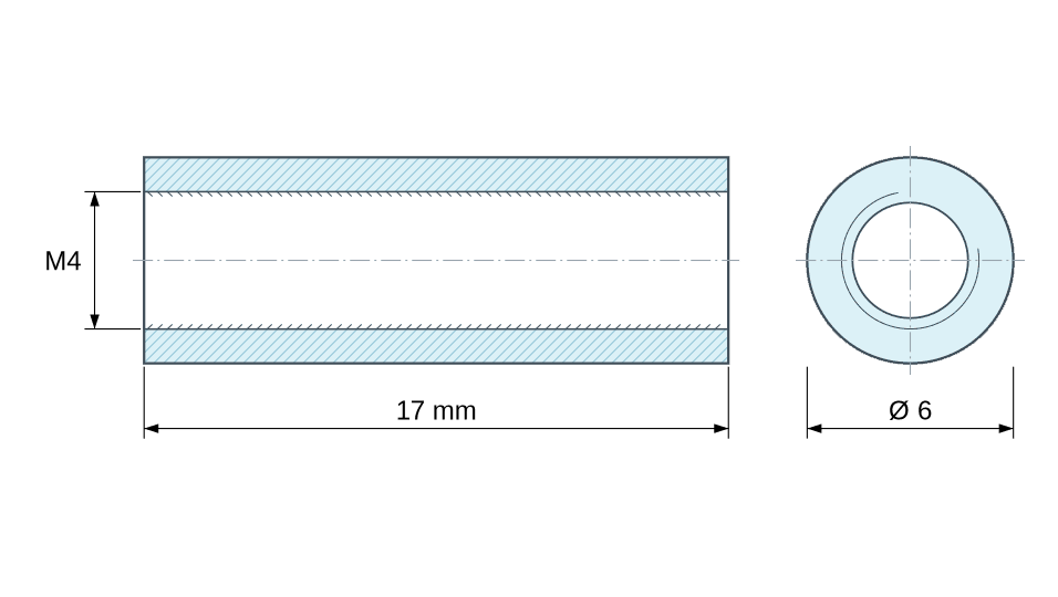 Plan coté Entretoise ronde filetée femelle/femelle acier zingué M4 - Ø6 mm