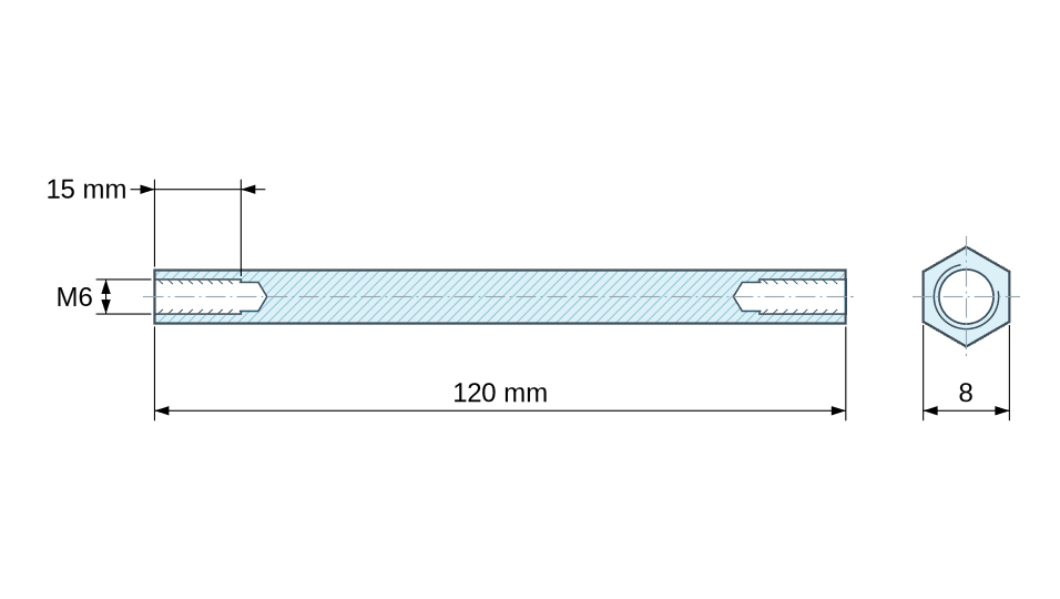 Plan coté Entretoise hexagonale filetée femelle/femelle acier zingué M6 - 8 mm sur plats Plan coté Entretoise hexagonale filetée femelle/femelle acier zingué M6 - 8 mm sur plats