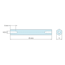 Plan coté 45 mm, Entretoise hexagonale filetée femelle/femelle acier zingué jaune au plomb M2,5 - 5 mm sur plats