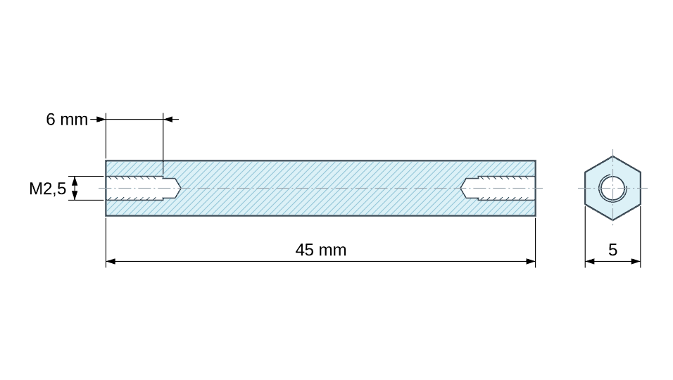 Plan coté Entretoise hexagonale filetée femelle/femelle acier zingué jaune au plomb M2,5 - 5 mm sur plats