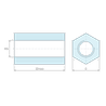 Plan coté 15 mm, Entretoise hexagonale filetée femelle/femelle acier zingué jaune au plomb M5 - 8 mm sur plats