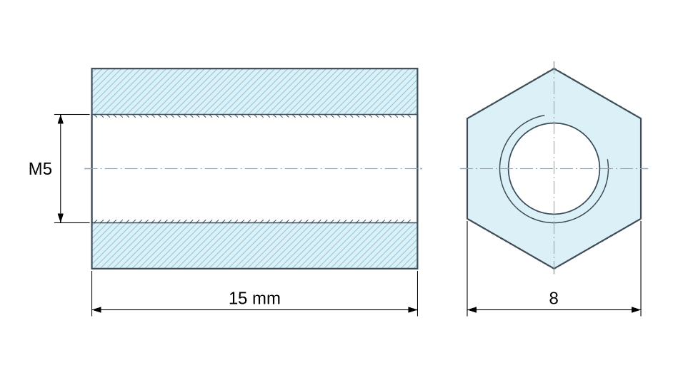Plan coté Entretoise hexagonale filetée femelle/femelle acier zingué jaune au plomb M5 - 8 mm sur plats