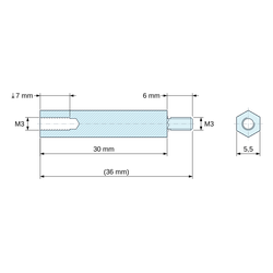 Plan coté 30 mm / 6 mm, Entretoise hexagonale filetée mâle/femelle acier zingué jaune au plomb M3 - 5,5 mm sur plats