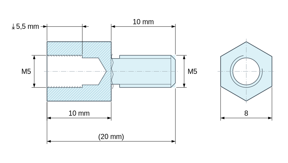 Plan coté Entretoise hexagonale filetée mâle/femelle acier zingué jaune au plomb M5 - 8 mm sur plats