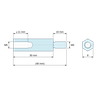 Plan coté 30 mm / 10 mm, Entretoise hexagonale filetée mâle/femelle acier zingué jaune au plomb M5 - 8 mm sur plats