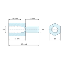Plan coté 15 mm / 12 mm, Entretoise hexagonale filetée mâle/femelle acier zingué jaune au plomb M6 - 10 mm sur plats