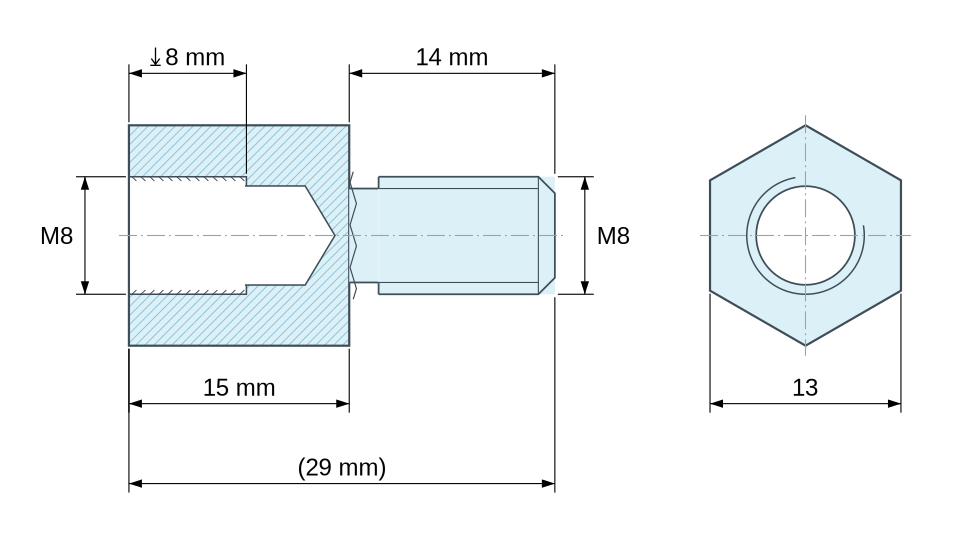 Plan coté Entretoise hexagonale filetée mâle/femelle acier zingué jaune au plomb M8 - 13 mm sur plats