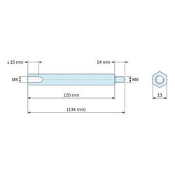 Plan coté 120 mm / 14 mm, Entretoise hexagonale filetée mâle/femelle acier zingué jaune au plomb M8 - 13 mm sur plats