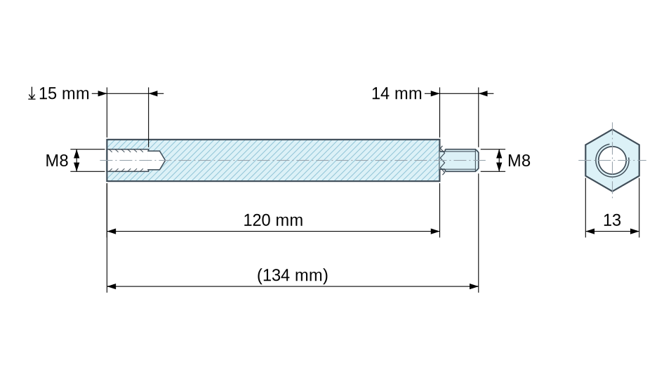 Plan coté Entretoise hexagonale filetée mâle/femelle acier zingué jaune au plomb M8 - 13 mm sur plats