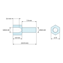 Plan coté 4,9 mm / 7,9 mm, Entretoise hexagonale filetée mâle/femelle acier zingué jaune UNC4-40 - 4,75 mm sur plats