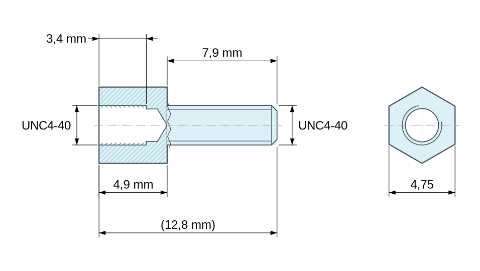 Plan coté Entretoise hexagonale filetée mâle/femelle acier zingué jaune UNC4-40 - 4,75 mm sur plats Plan coté Entretoise hexagonale filetée mâle/femelle acier zingué jaune UNC4-40 - 4,75 mm sur plats