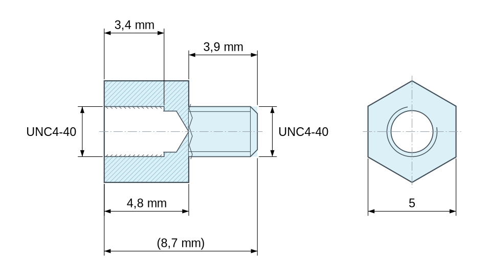 Plan coté Entretoise hexagonale filetée mâle/femelle acier zingué jaune au plomb UNC4-40 - 5 mm sur plats