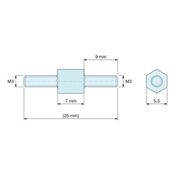 Plan coté 7 mm / 9 mm, Entretoise hexagonale filetée mâle/mâle acier zingué jaune M3 - 5,5 mm sur plats