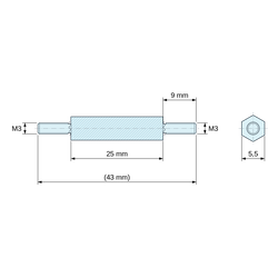 Plan coté 25 mm / 9 mm, Entretoise hexagonale filetée mâle/mâle acier zingué jaune M3 - 5,5 mm sur plats
