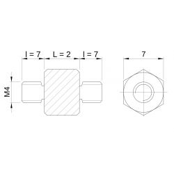 [decl 2mm / 7 mm] Entretoise hexagonale filetée mâle/mâle acier zingué jaune M4 - 7 mm sur plats