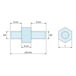 Plan coté 5 mm / 8 mm, Entretoise hexagonale filetée mâle/mâle acier zingué jaune au plomb M4 - 7 mm sur plats, tiges 6 et 8 mm