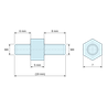 Plan coté 5 mm / 8 mm, Entretoise hexagonale filetée mâle/mâle acier zingué jaune au plomb M4 - 7 mm sur plats, tiges 6 et 8 mm