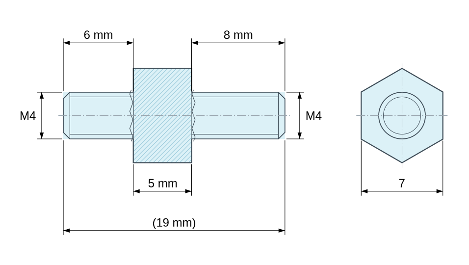 Plan coté Entretoise hexagonale filetée mâle/mâle acier zingué jaune au plomb M4 - 7 mm sur plats, tiges 6 et 8 mm