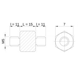 [decl 15mm / 11 mm] Entretoise hexagonale filetée mâle/mâle acier zingué jaune M5 - 7 mm sur plats