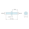 Plan coté 1,7 mm / 8 mm, Entretoise hexagonale filetée mâle/mâle acier zingué jaune UNC4-40 - 5 mm sur plats