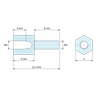 Plan coté 5 mm / 6 mm, Entretoise hexagonale filetée mâle/femelle acier zingué M2 - 4 mm sur plats