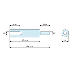 Plan coté 18 mm / 6 mm, Entretoise hexagonale filetée mâle/femelle acier zingué M2 - 4 mm sur plats