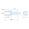 Plan coté 6 mm / 6 mm, Entretoise hexagonale filetée mâle/femelle acier zingué M2,5 - 4 mm sur plats
