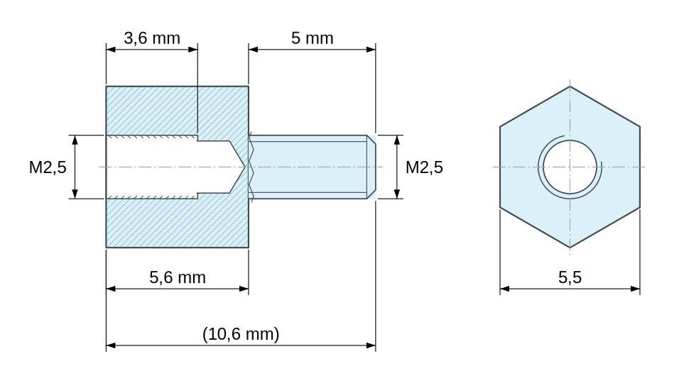Plan coté Entretoise hexagonale filetée mâle/femelle acier zingué M2,5 - 5,5 mm sur plats Plan coté Entretoise hexagonale filetée mâle/femelle acier zingué M2,5 - 5,5 mm sur plats