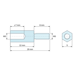 Plan coté 12 mm / 8 mm, Entretoise hexagonale filetée mâle/femelle acier zingué M3 - 5 mm sur plats