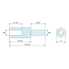Plan coté 12 mm / 8 mm, Entretoise hexagonale filetée mâle/femelle acier zingué M3 - 5 mm sur plats