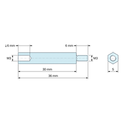 Plan coté 30 mm / 6 mm, Entretoise hexagonale filetée mâle/femelle acier zingué M3 - 5 mm sur plats