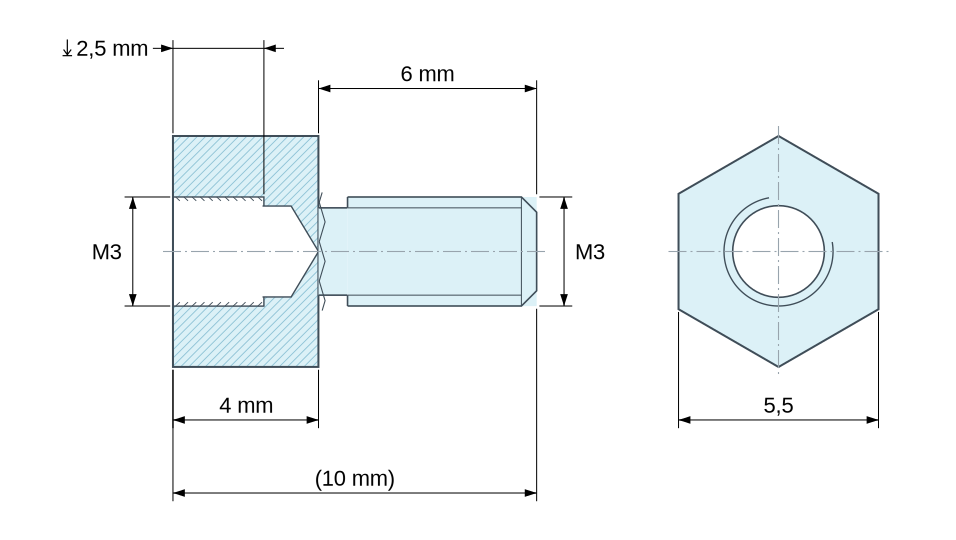 Plan coté Entretoise hexagonale filetée mâle/femelle acier zingué bleu M3 - 5,5 mm sur plats Plan coté Entretoise hexagonale filetée mâle/femelle acier zingué bleu M3 - 5,5 mm sur plats
