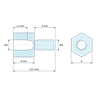 Plan coté 6 mm / 6 mm, Entretoise hexagonale filetée mâle/femelle acier zingué M3 - 6 mm sur plats