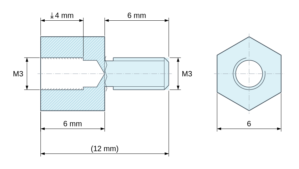 Plan coté Entretoise hexagonale filetée mâle/femelle acier zingué M3 - 6 mm sur plats Plan coté Entretoise hexagonale filetée mâle/femelle acier zingué M3 - 6 mm sur plats