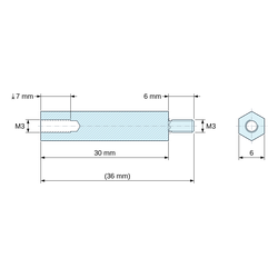 Plan coté 30 mm / 6 mm, Entretoise hexagonale filetée mâle/femelle acier zingué M3 - 6 mm sur plats