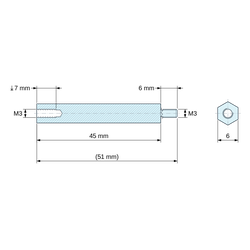 Plan coté 45 mm / 6 mm, Entretoise hexagonale filetée mâle/femelle acier zingué M3 - 6 mm sur plats