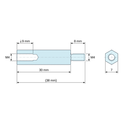 Plan coté 30 mm / 8 mm, Entretoise hexagonale filetée mâle/femelle acier zingué bleu au plomb M4 - 7 mm sur plats